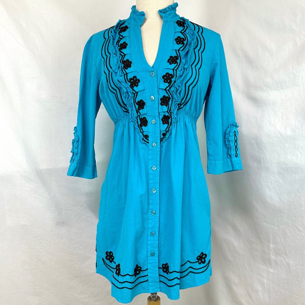GRETTY ZUEGER VTG 90s Turquoise Embroidered Mini Dress S Western Rodeo Cowgirl